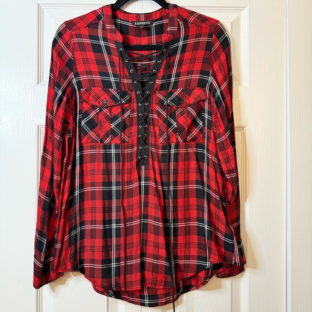 Express Women's Red Plaid Lace-Up Top
